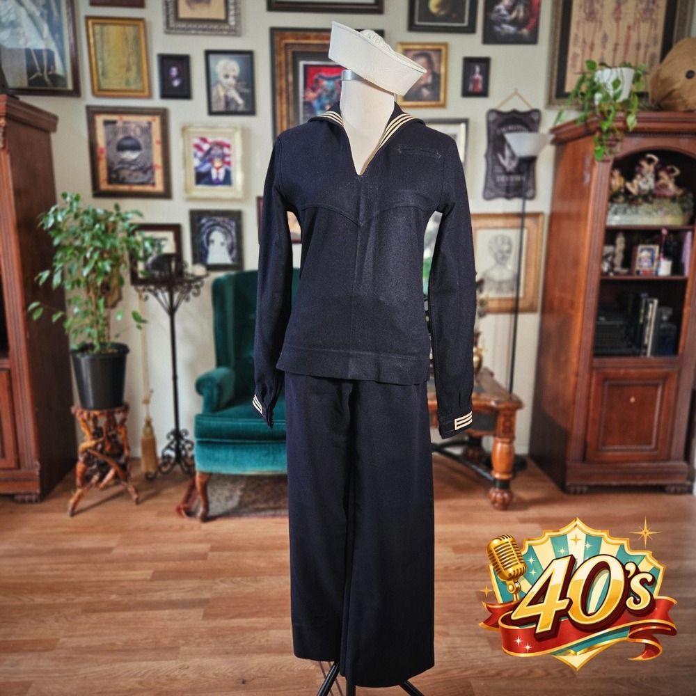 US Navy Sailor Suit Vintage 1940s Uniform Wool Middy Top Pants Hat Set WWII